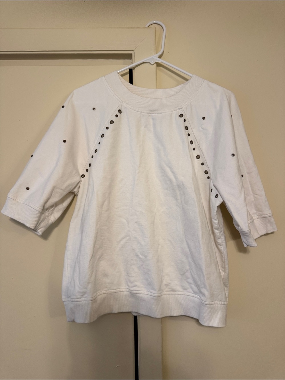 Anthropologie White Short-Sleeve Studded Sweatshirt